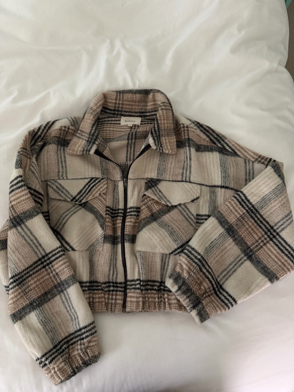 bohme Beige, Cream & Black Plaid Teddy Zip Jacket